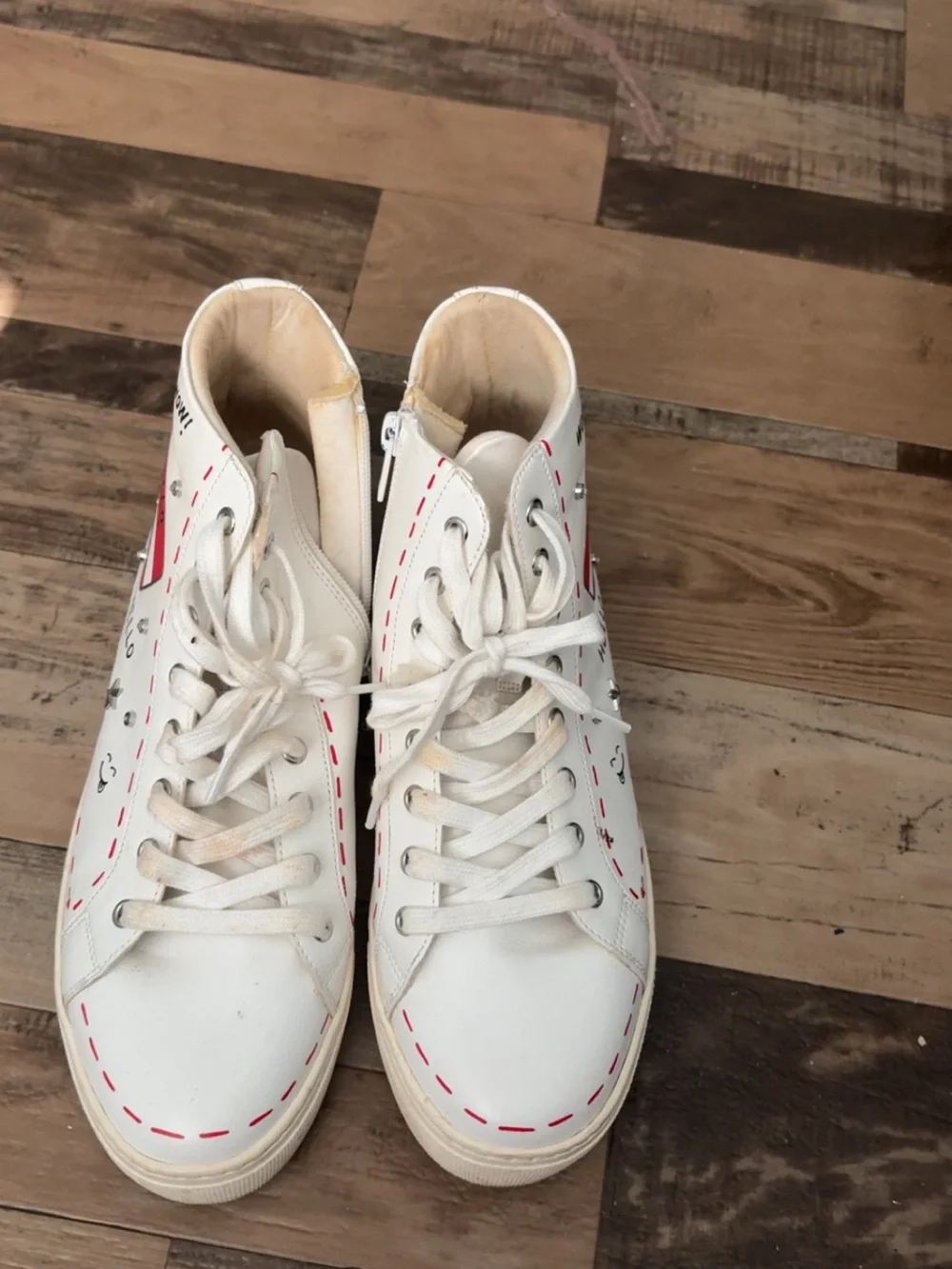 Aldo White High-Top Sneakers with Red Stitch Detailing